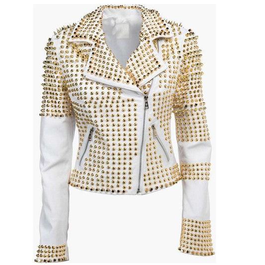 Golden Studded White Leather Jacket Golden Studded White Leather Jacket