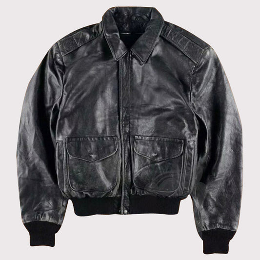 80s A2 Flight Vintage Military Leather Jacket for Men - Distressed Black Pilot Bomber Style 80s A2 Flight Vintage Military Leather Jacket