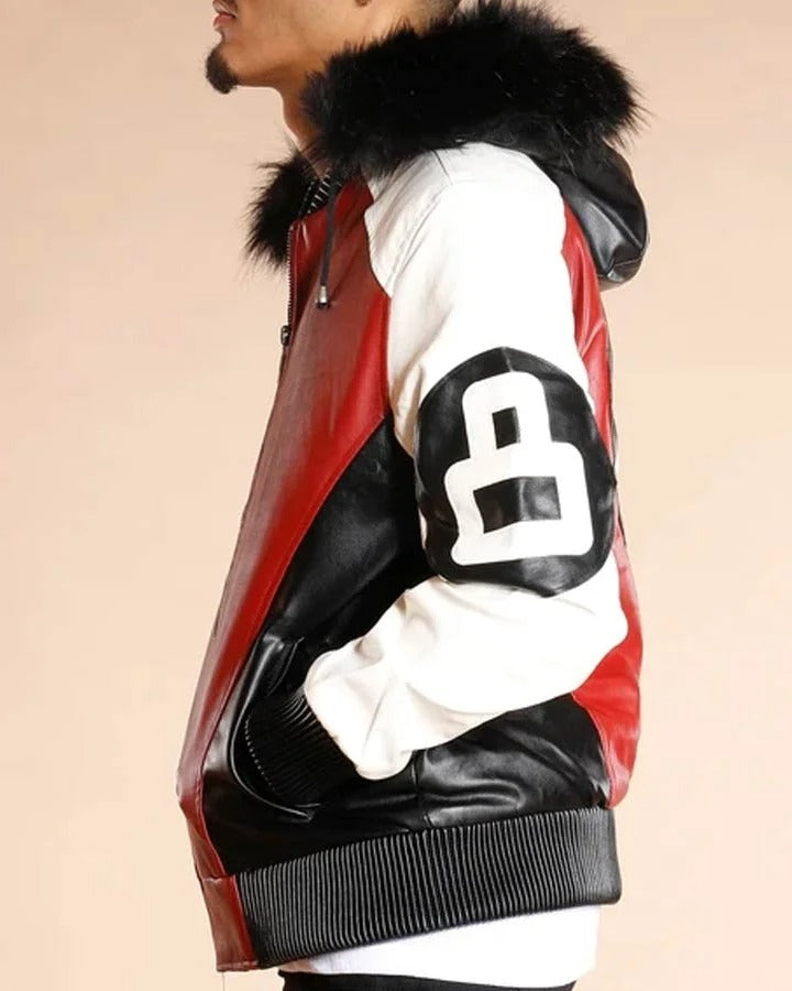 8 Ball Logo Fur Hooded Parka Leather Jacket