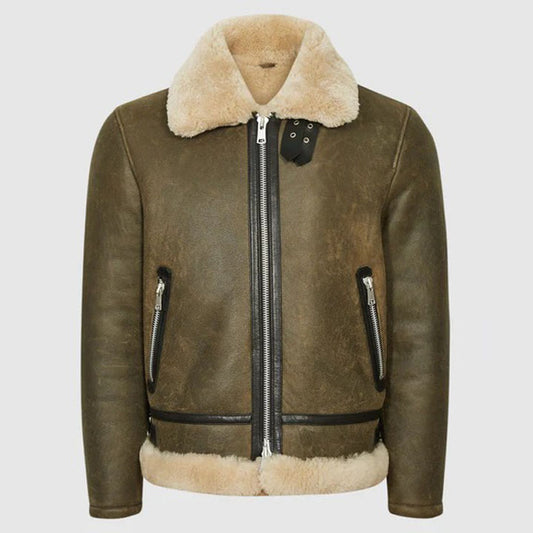 Men's Army Green Shearling Aviator Jacket - Classic Style Army Green Shearling Aviator Jacket