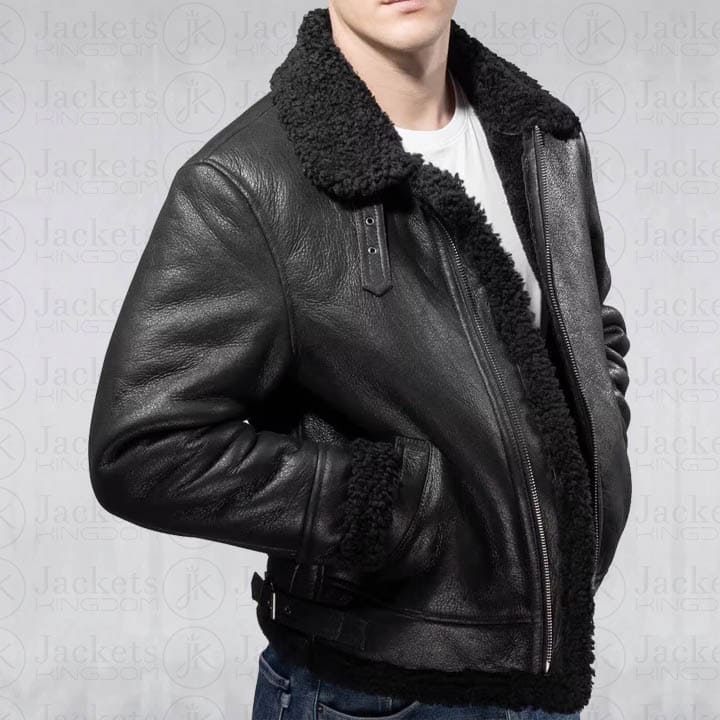 Men Aviator B3 Shearling Leather Jacket in Black