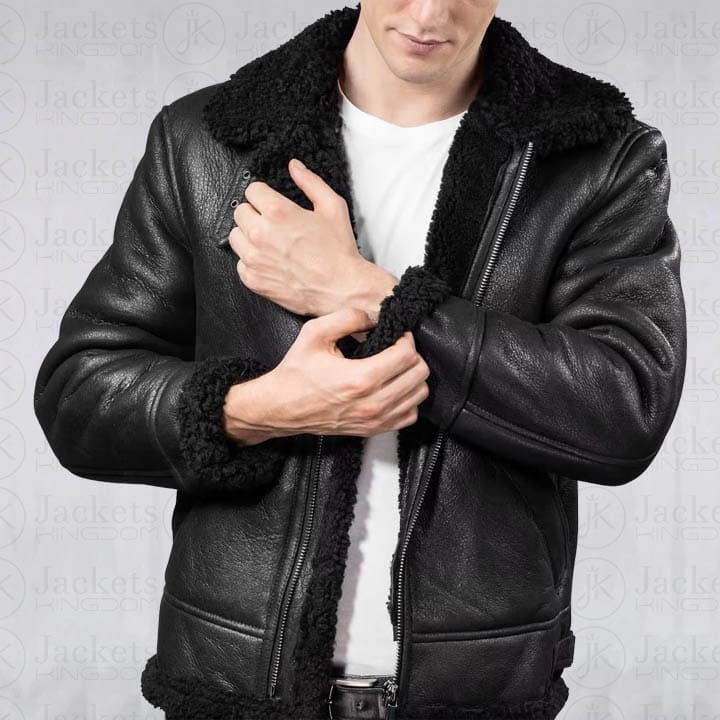 Men Aviator B3 Shearling Leather Jacket in Black