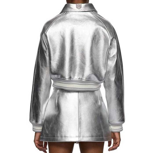 Avirex Womens Metallic Silver Cowhide Leather Cropped Jacket and Skirt Set