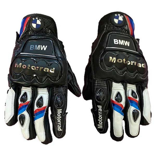 BMW Motorrad racing leather gloves in black white red and blue colorway by Jackets Kingdom