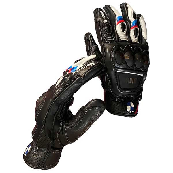 BMW Motorrad racing leather gloves in black white red and blue colorway by Jackets Kingdom