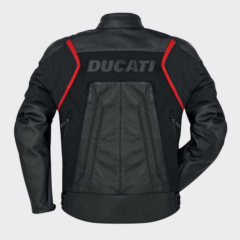 Back view of Ducati Fighter C1 Men's CE Certified Cowhide Leather Motorcycle Jacket showing rear air vents for breathability during long rides by Jackets Kingdom