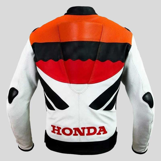 Back view of Honda Repsol CE armored genuine cowhide leather jacket displaying full racing design by Jackets Kingdom