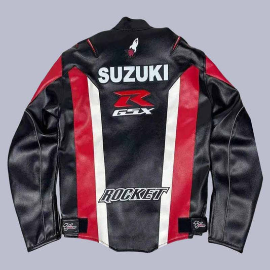 Back view of Suzuki GSXR black leather jacket with Rocket branding
