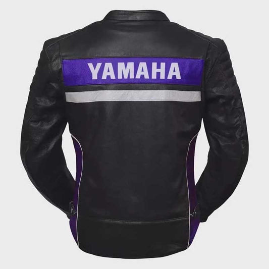 Back view of handmade Yamaha leather jacket displaying racing-inspired design and premium cowhide finish by Jackets Kingdom