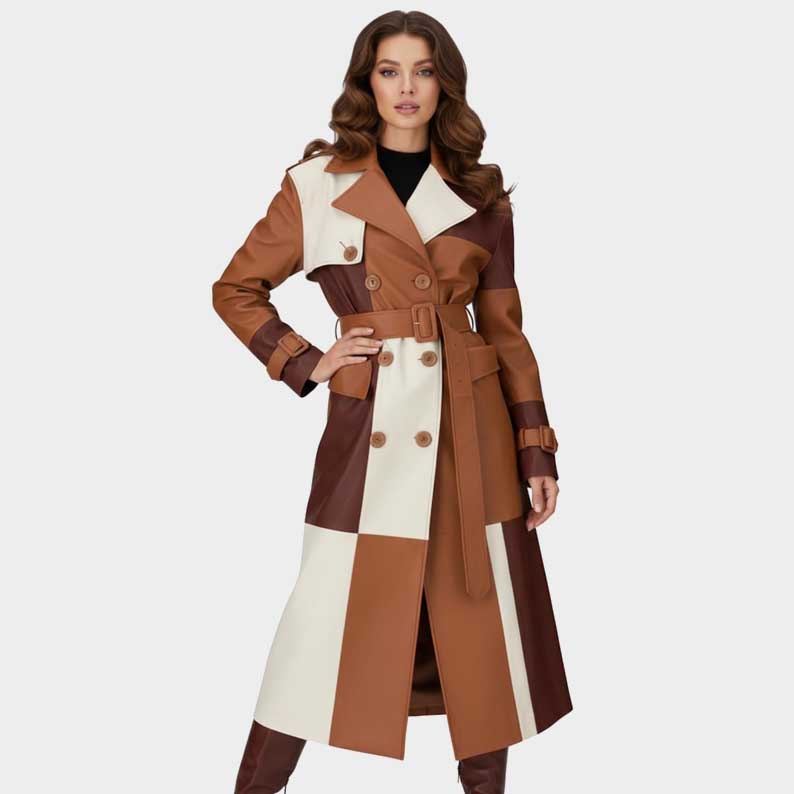 Belted long leather coat for women with unique color block design by Jackets Kingdom
