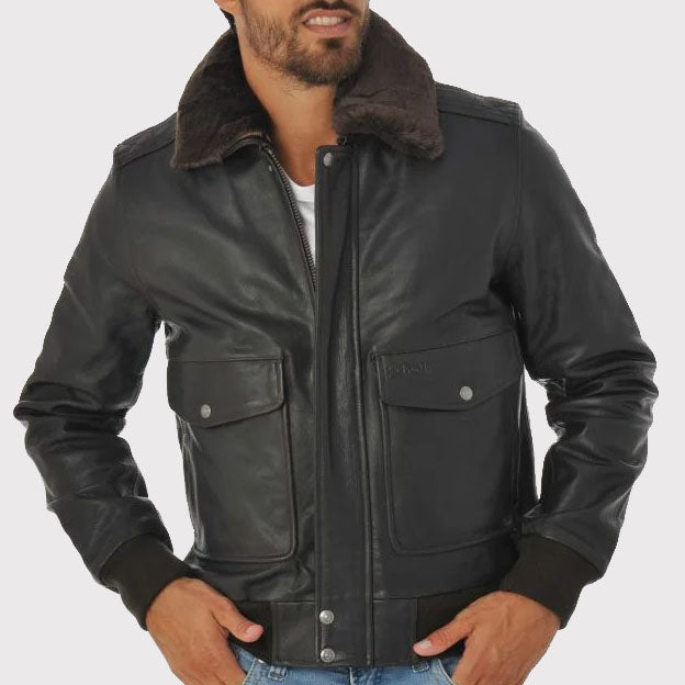 Black Cowhide Leather Aviator Jacket for Men