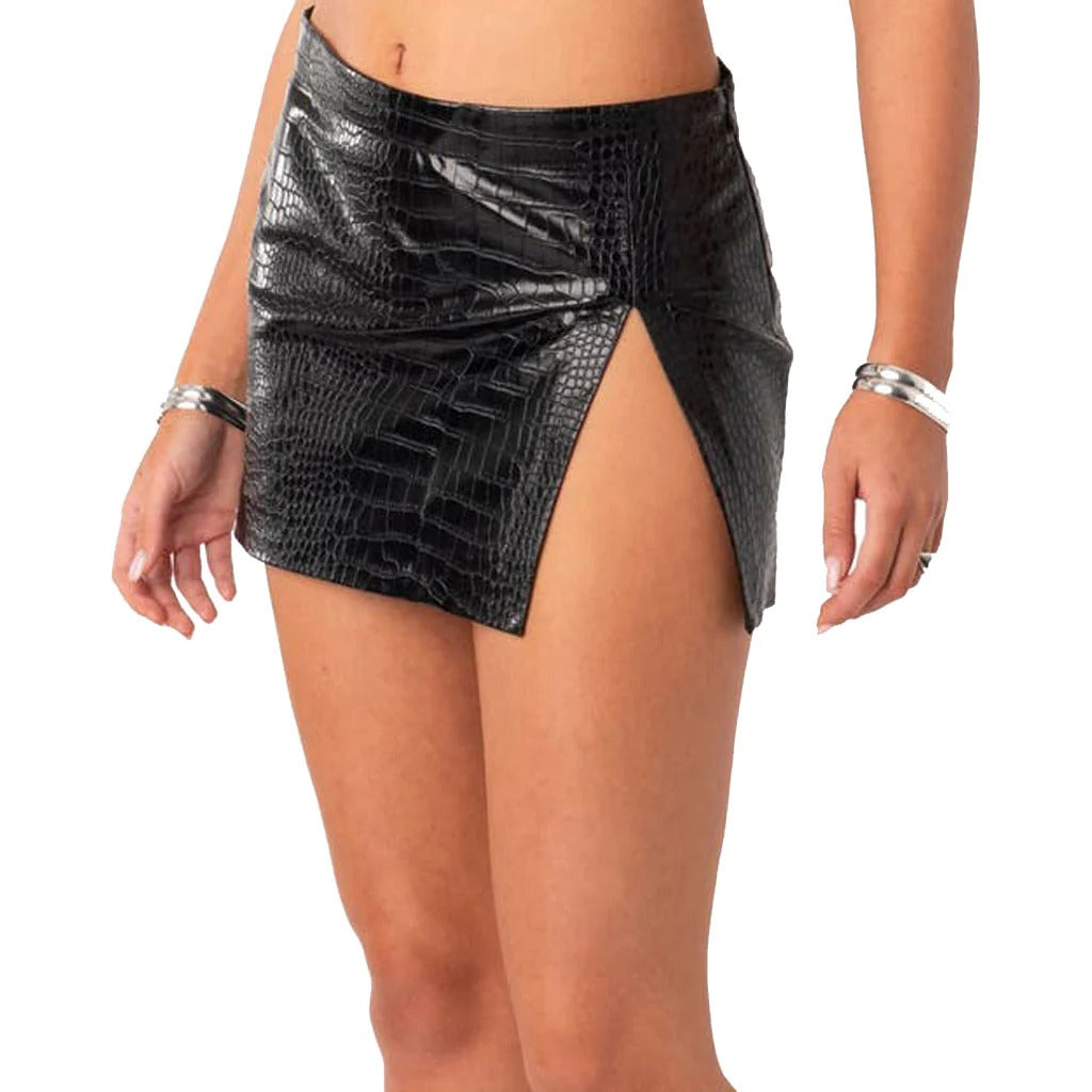 Black Croc Embossed Mini Leather Skirt