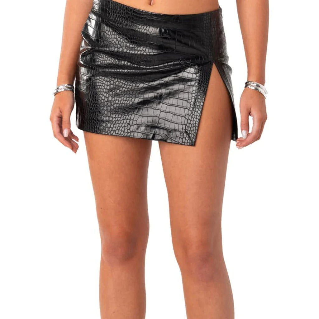 Black Croc Embossed Mini Leather Skirt