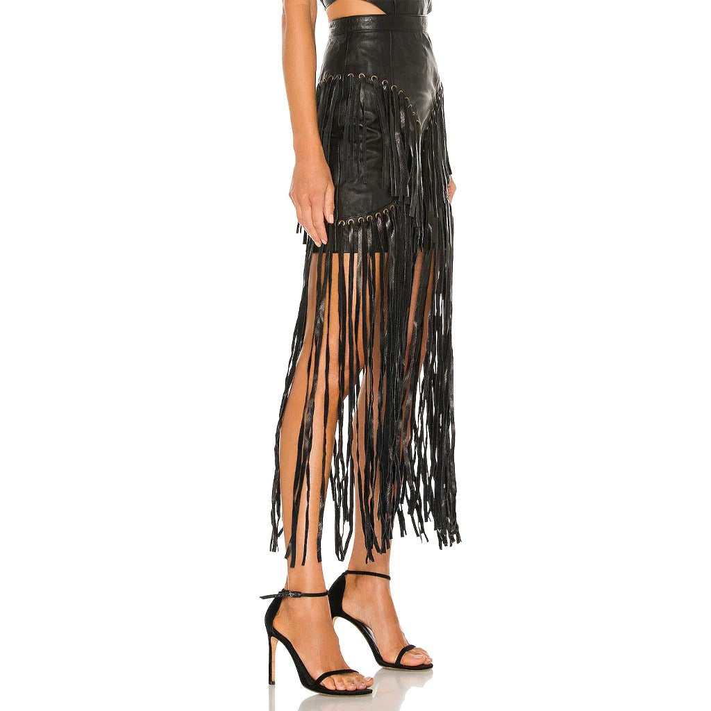 Black Long Fringe Detailed Women's Leather Skirt