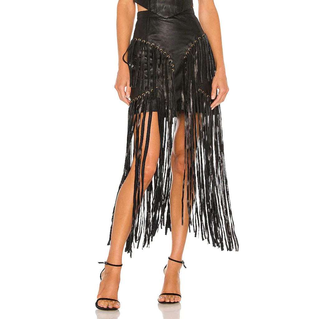 Black Long Fringe Detailed Women's Leather Skirt