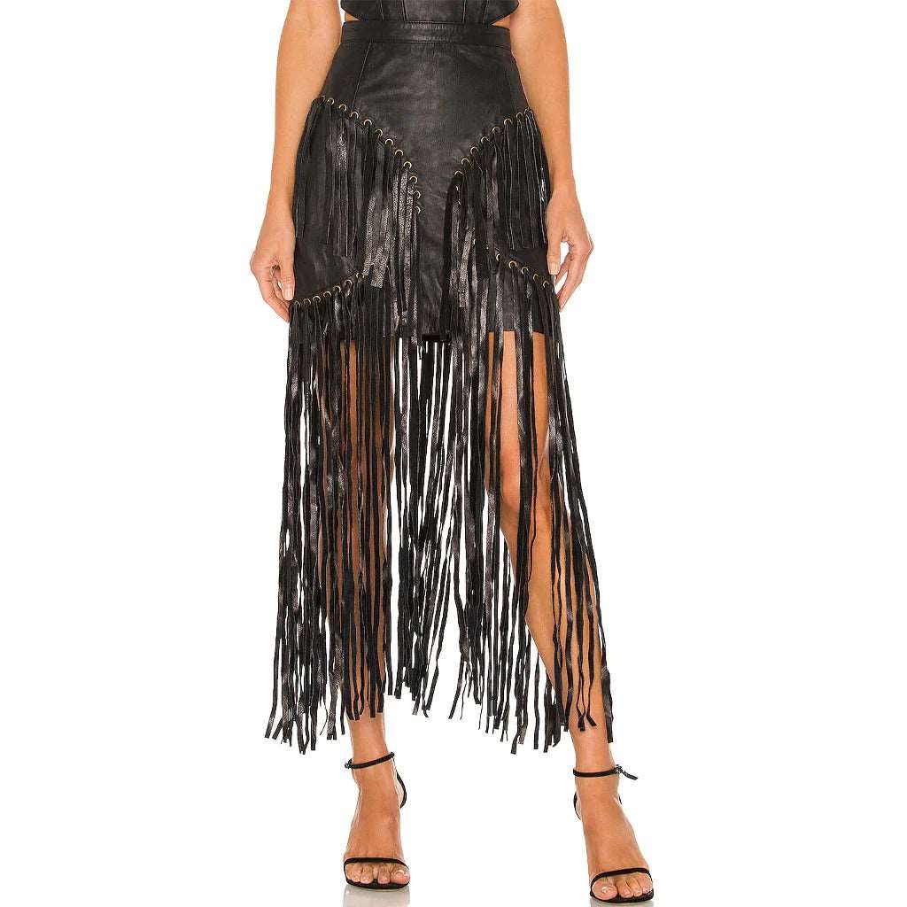 Black Long Fringe Detailed Women's Leather Skirt