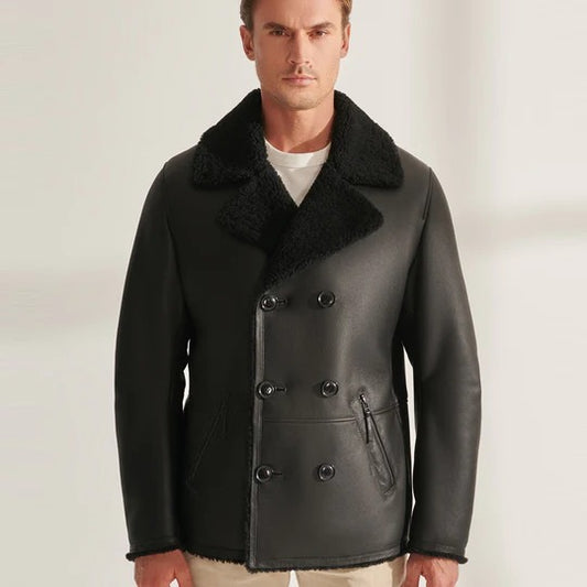 Black Flying Sheepskin Shearling Long Coat Aviator Leather Jacket Black Sheepskin Shearling Long Coat
