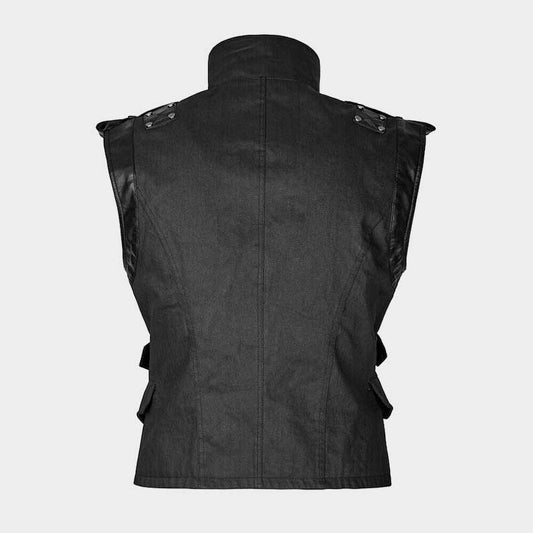 Black steampunk waistcoat featuring mandarin collar and zipper front by Jackets Kingdom