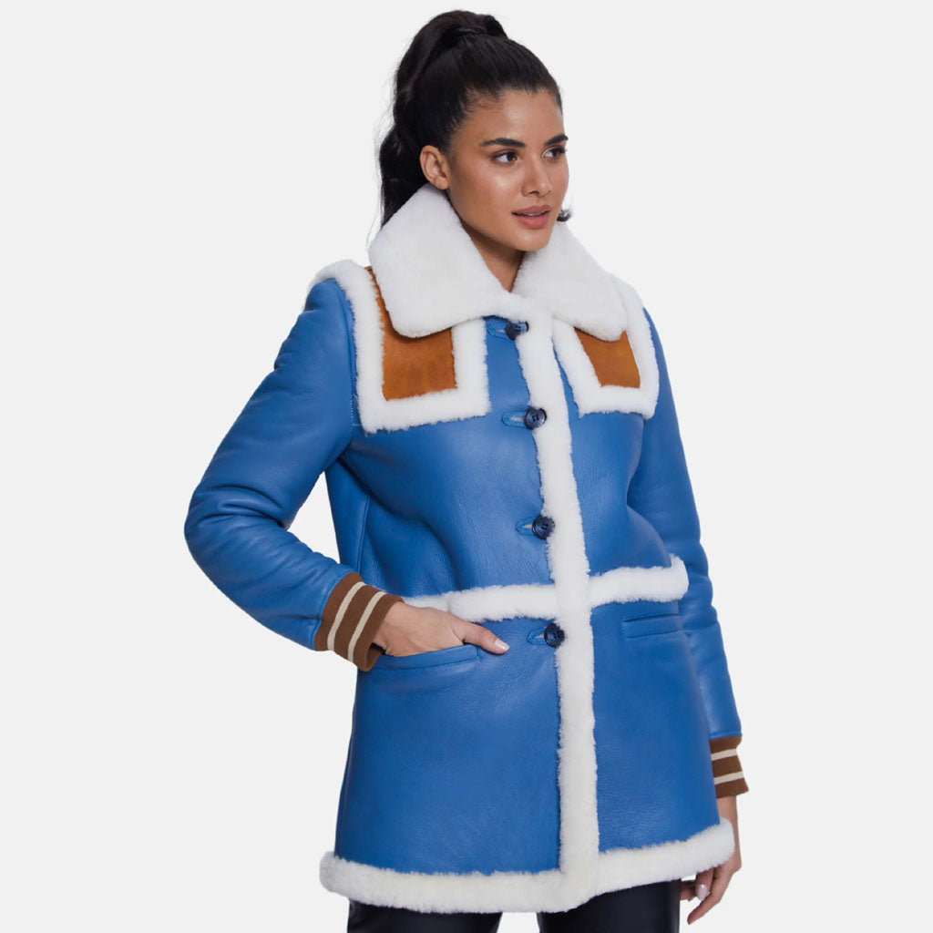 Women's Blue Shearling Jacket with White Fur