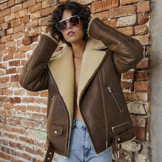 Brown Sheepskin Shearling Coat Aviator Jacket Women