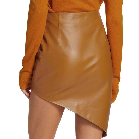 Brown Wrap Style Women Genuine Leather Skirt