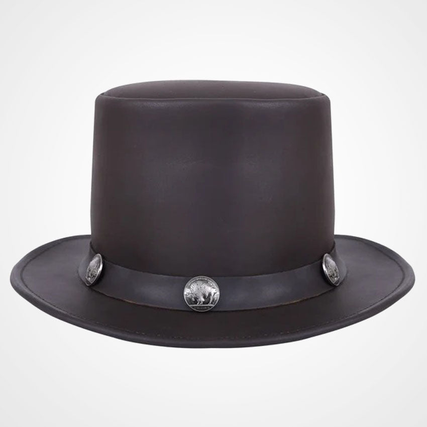 Brown Cowhide Leather Top Hat with Buffalo Nickel Band