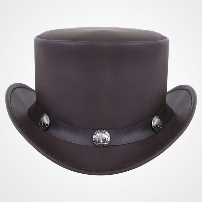 Brown Cowhide Leather Top Hat with Buffalo Nickel Band
