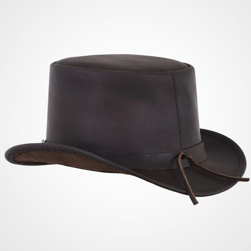 Brown Cowhide Leather Top Hat with Buffalo Nickel Band