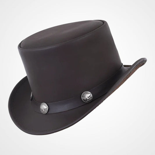 Brown Cowhide Leather Top Hat with Buffalo Nickel Band Brown Cowhide Leather Top Hat with Buffalo Nickel Band