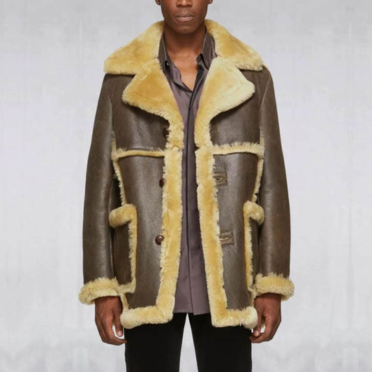Men Brown Sheepskin Shearling Leather Jacket Coat Brown Sheepskin Shearling Jacket