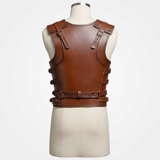 Brown leather medieval chestplate with adjustable straps for Renaissance cosplay by Jackets Kingdom