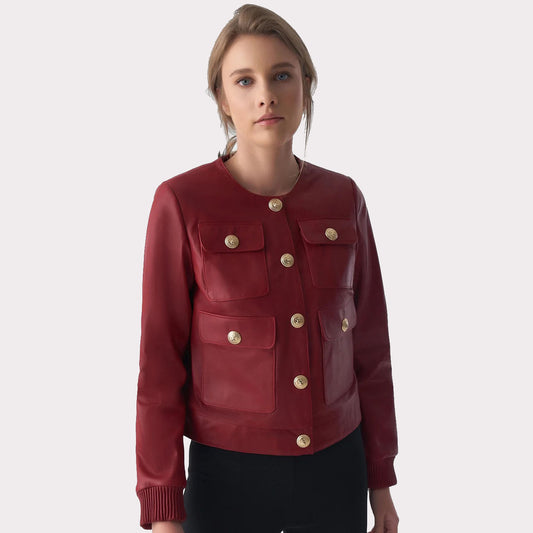 Burgundy Leather Jacket for Women - Chic Studs Closure Burgundy Leather Jacket for Women - Chic Studs Closure