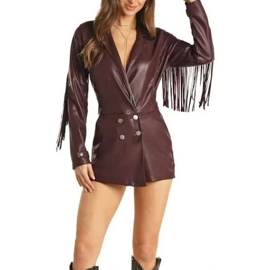 Burgundy Leather Romper with Fringe for Women Burgundy Leather Romper with Fringe for Women