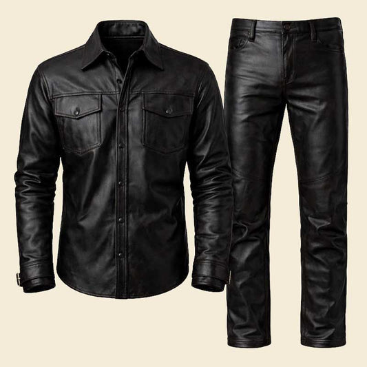 Buy mens lambskin leather shirt and pants set outfit