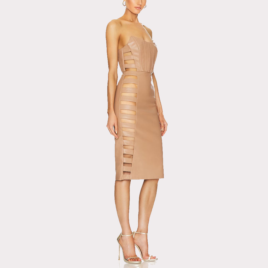 Camel Cutout Leather Dress for Women - Sizzling Style