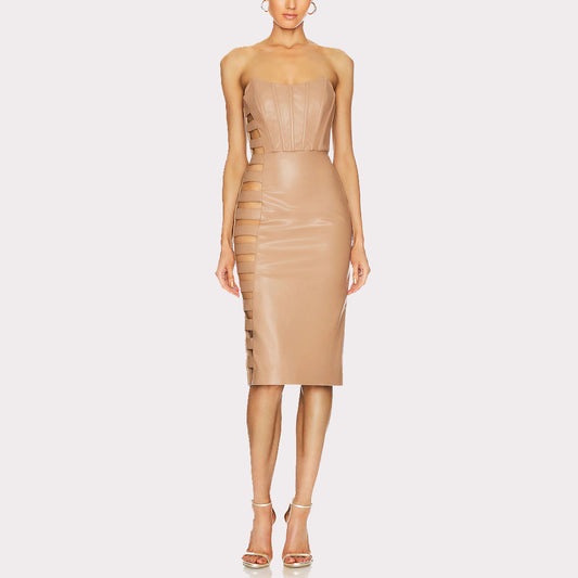 Camel Cutout Leather Dress - Sizzling Style for Women
