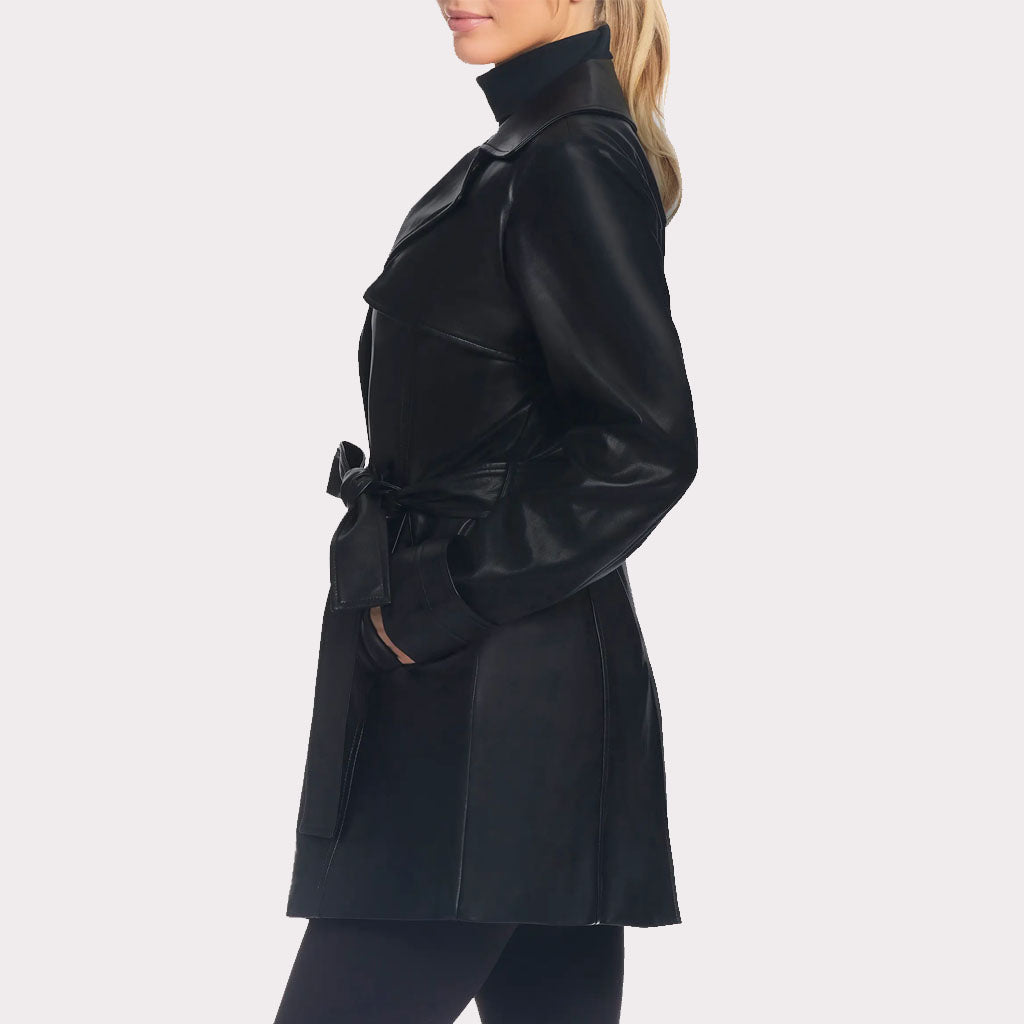 Classic Solid Black Leather Trench Coat for Women - Fall 2023