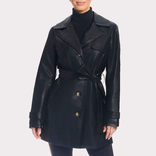 Classic Solid Black Leather Trench Coat for Women - Fall 2023 Solid Black Women's Leather Trench Coat - Fall 2023