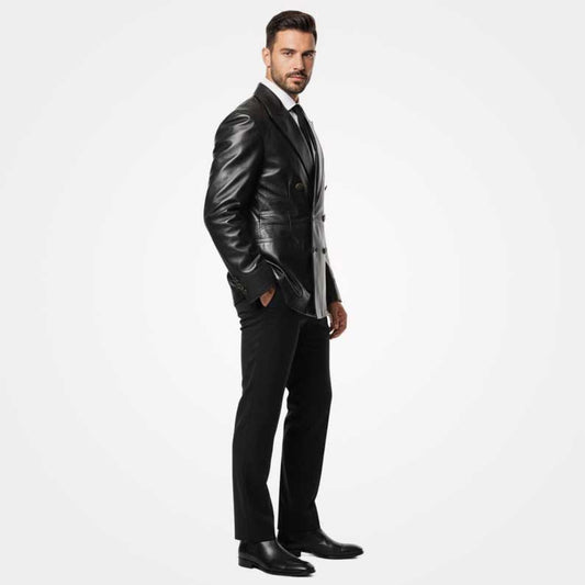Classic double breasted leather blazer for men in black by Jackets Kingdom