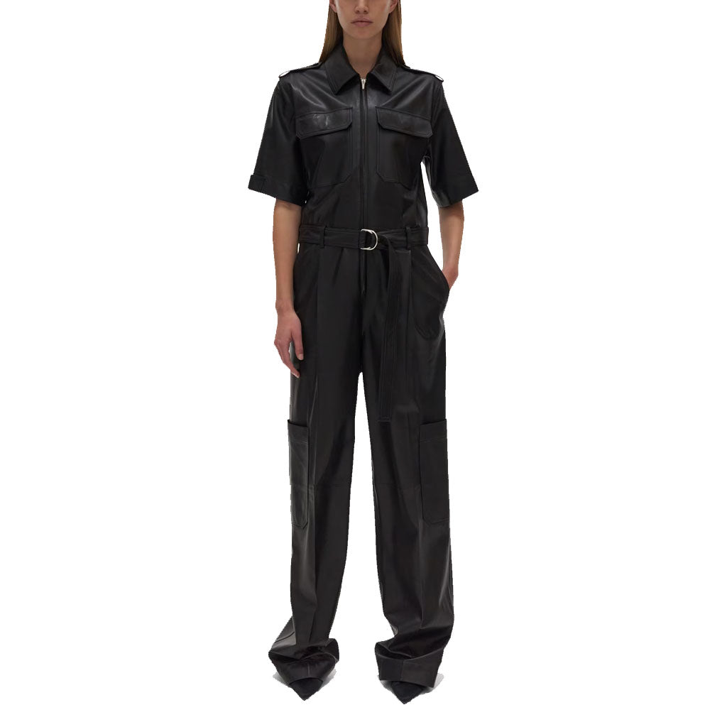 Classy Black Baggy Leather Jumpsuit - Winter 2023