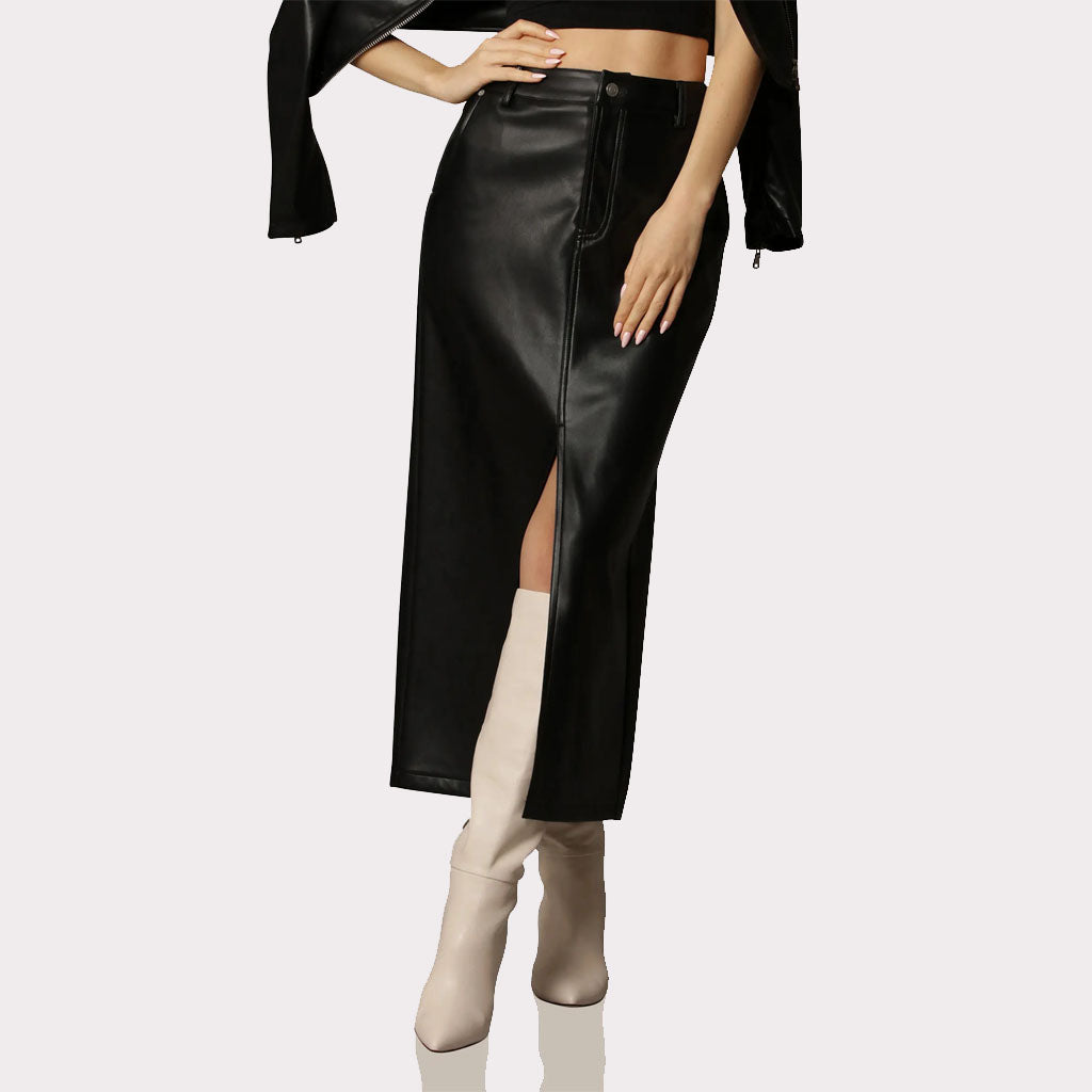 Classy Black Leg Slit Women's Leather Skirt