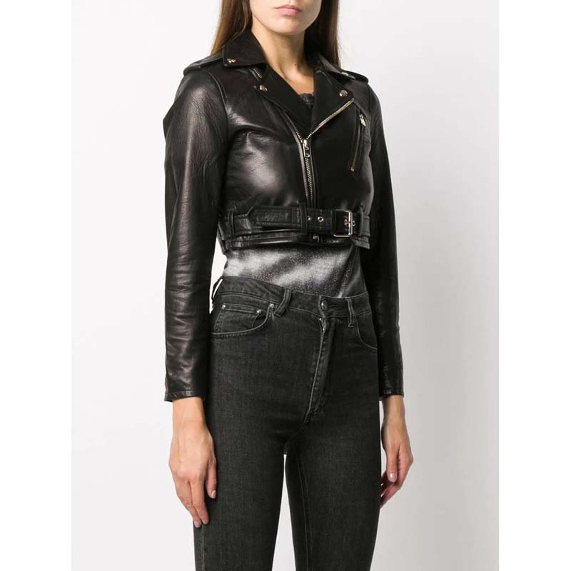 Cropped Black Leather Jacket for Women with Gold Hardware