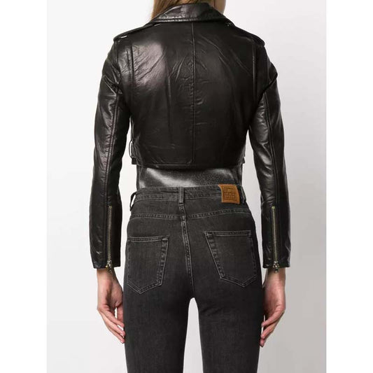 Cropped Black Leather Jacket for Women with Gold Hardware