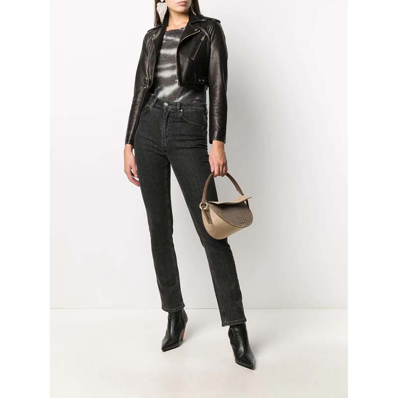 Cropped Black Leather Jacket for Women with Gold Hardware
