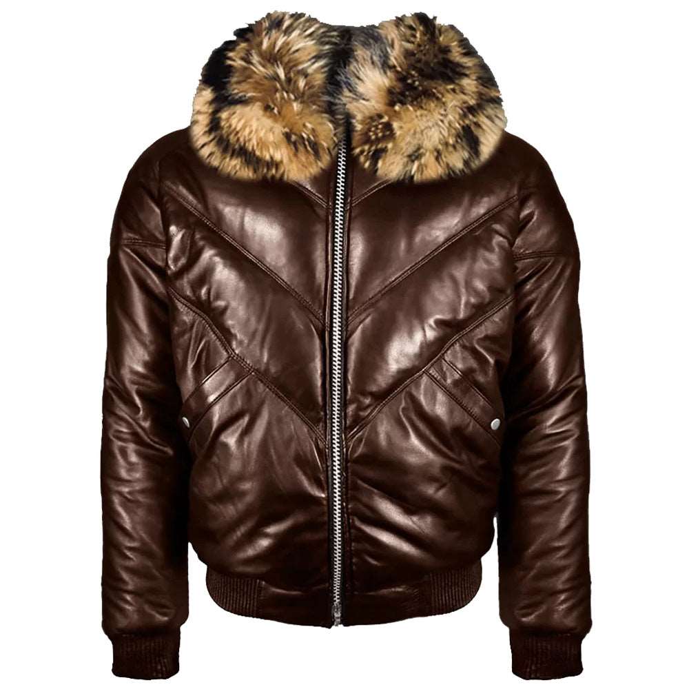 Men's Dark Brown V-Bomber Jacket With Raccoon Fur Collar