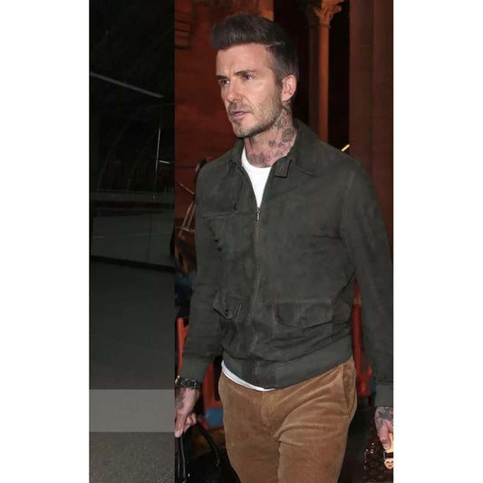 David Beckham Green Suede Bomber Leather Jacket for Men