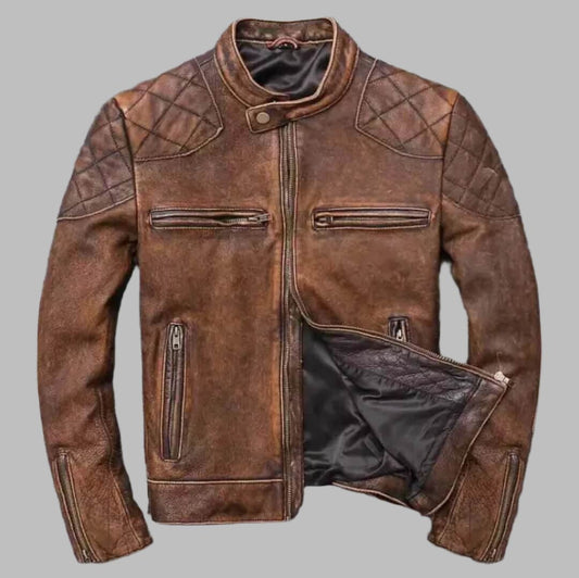 Men’s Distressed Brown Leather Cafe Racer Biker Jacket Distressed Leather Cafe Racer Jacket
