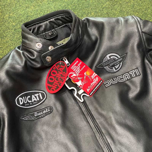 Ducati Corse Heritage C1 Cafe Racer Leather Motorcycle Jacket highlighting adjustable waist fastening and clean retro silhouette by Jackets Kingdom
