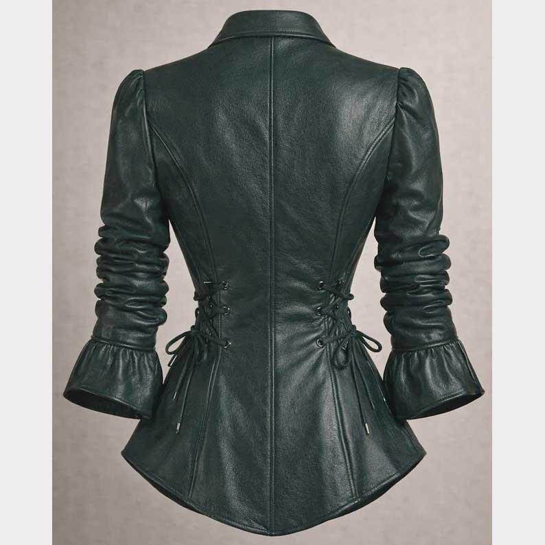 Fitted leather blouse in green with long sleeves and waist-defining silhouette by Jackets Kingdom