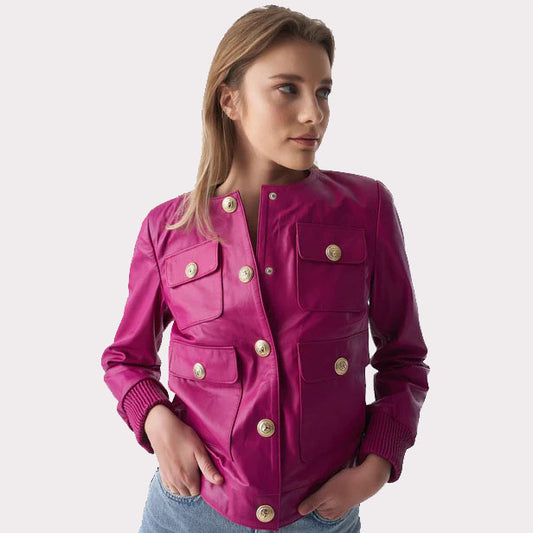 Fuchsia Women's Leather Jacket - Stylish Studs Closure